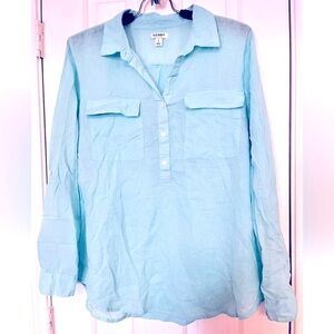 🌸 Old Navy Womens Sz L Aqua Linen Blend Long Tab Sleeve Popover Tunic Top